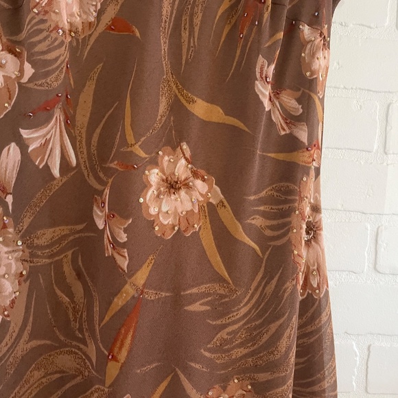 Y2K Midi dress whimsical Wood fairy Floral Chiffon Flowy Ruffled Brown Sz 12 - Picture 10 of 14
